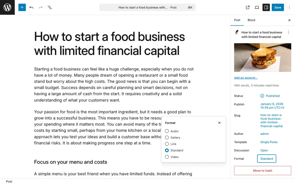 WordPress post formats selector in Post settings sidebar showing Audio, Gallery, Link, Standard, and Video options.