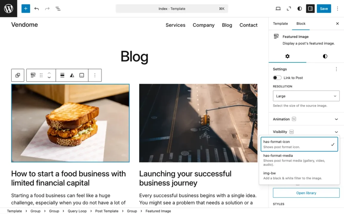 Featured Image block settings displaying WordPress post formats additional CSS classes.