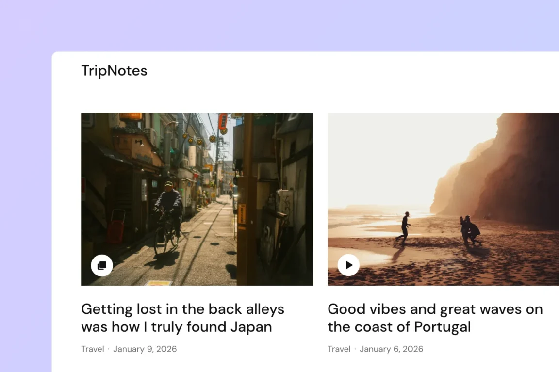 WordPress post formats displayed on blog grid with gallery and video icons on featured images.