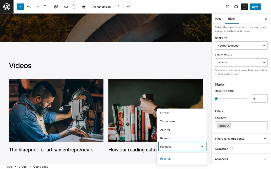 Query Loop block settings showing WordPress post formats filter with Video format selected.