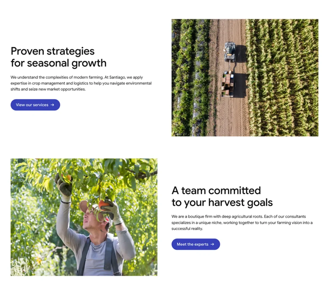 Alternating two-column layout on desktop with text and image switching sides between rows.