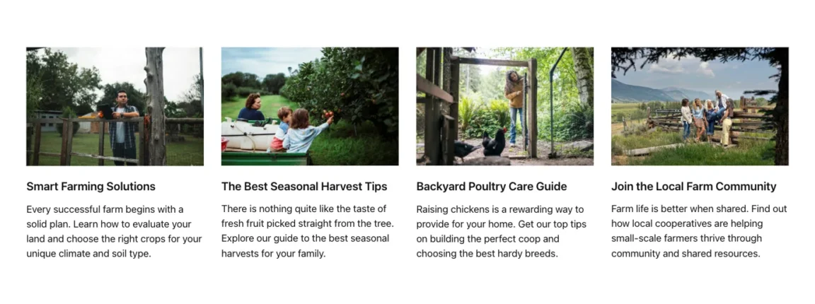Four-column layout on desktop with image and text content in each column.