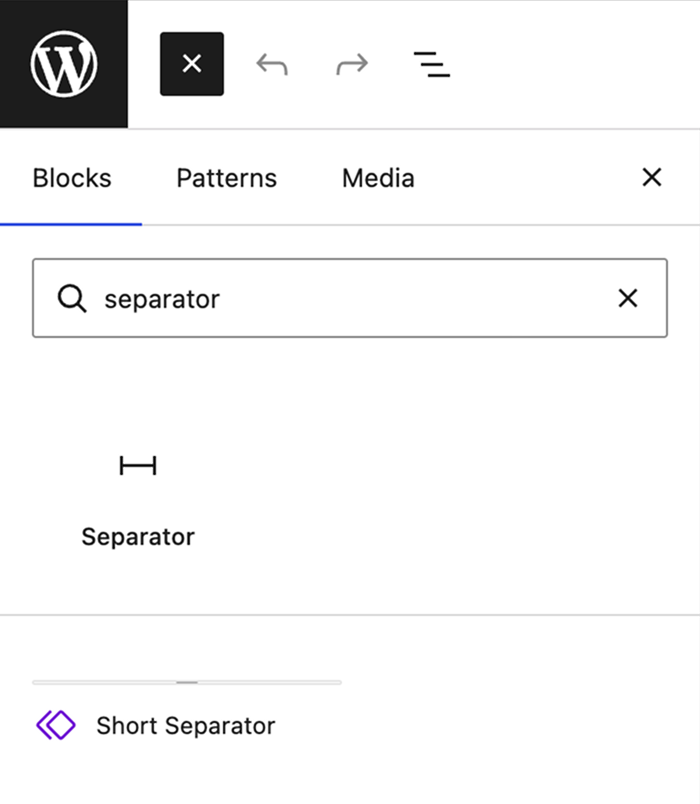 Block inserter showing a search for "separator" with the Separator block and a "Short Separator" pattern in the results.