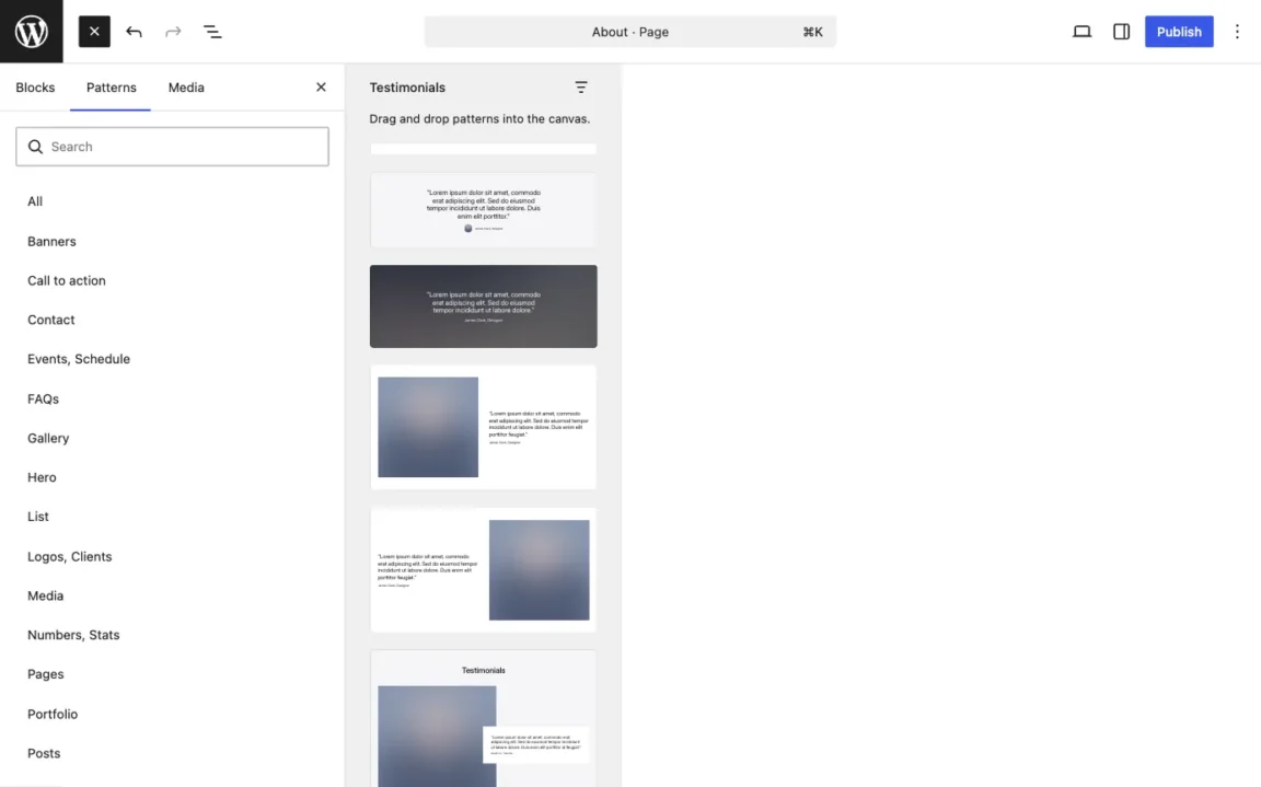 WordPress block editor showing a page being built with Twentig patterns, with the Patterns tab open.