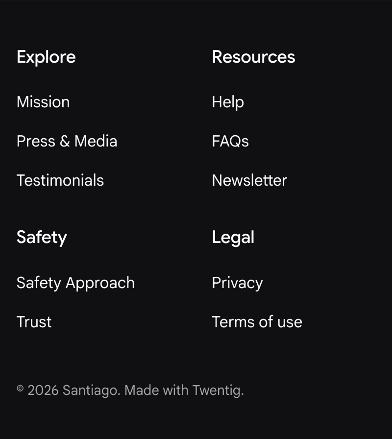 Four-column footer navigation displayed as a two-column grid on mobile.