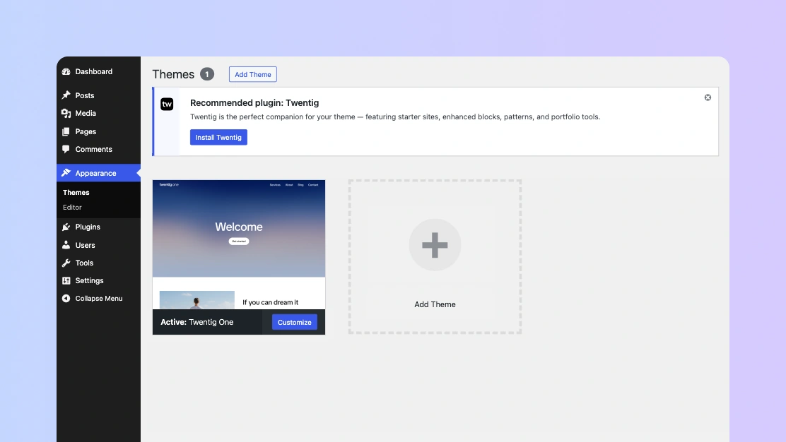 WordPress Themes screen with the Twentig One theme active.
