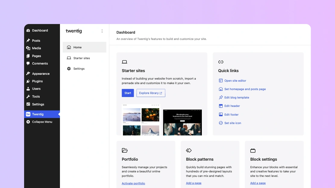 WordPress admin showing the Twentig dashboard with Starter sites, Quick links, and more sections.