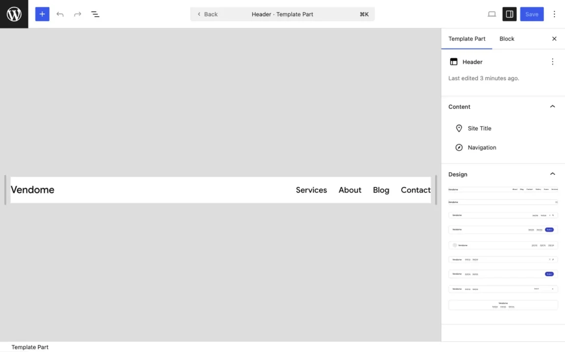 WordPress site editor showing header template replacement using patterns.