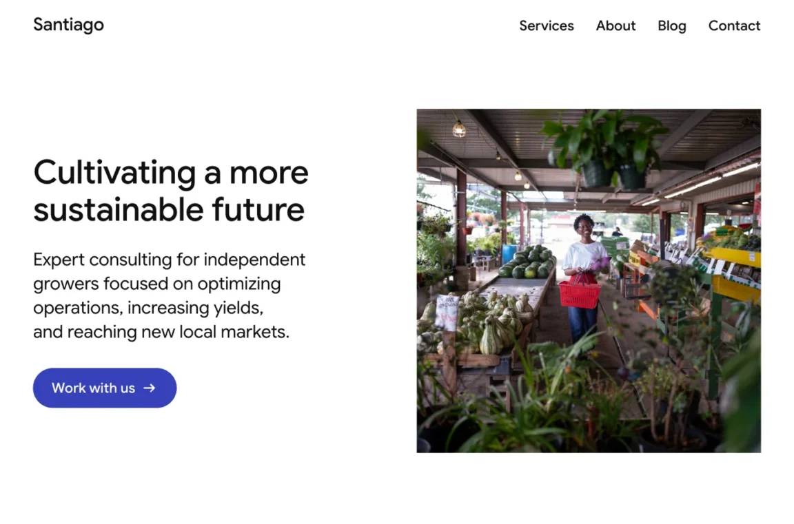 Two-column hero section with text and button on the left and image on the right.