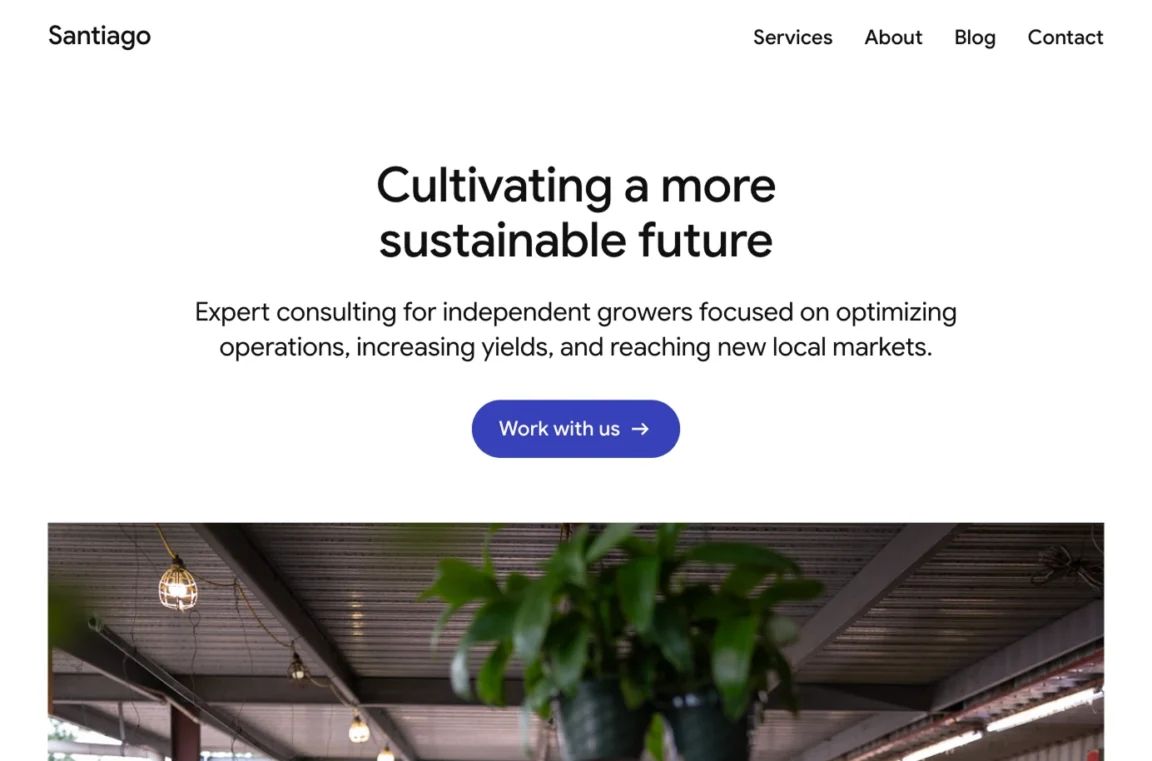 Hero section stacked on tablet with text and button above the image.