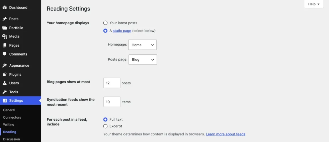 WordPress Reading Settings with "A static page" selected for the homepage setting.