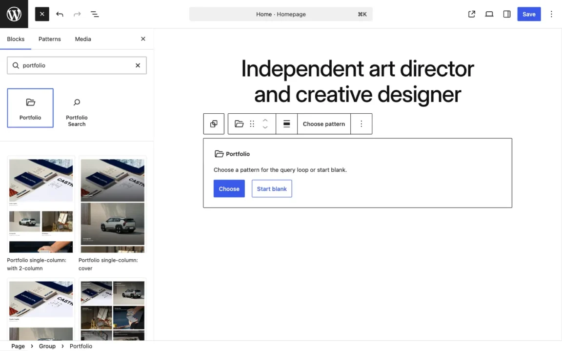 Block inserter displaying the Portfolio block and portfolio patterns for creating a Portfolio page.