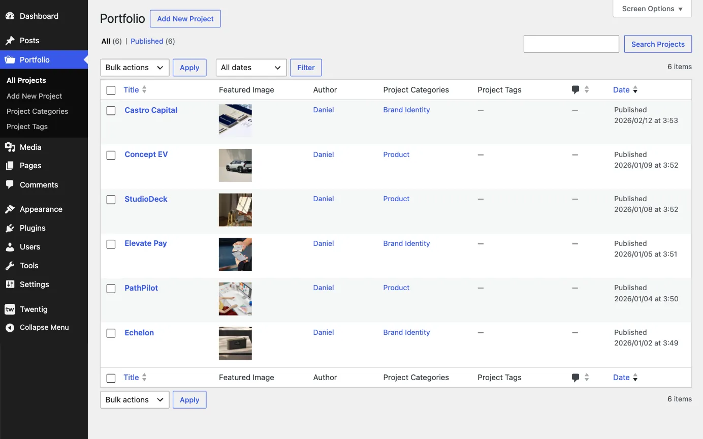 WordPress Portfolio screen for managing projects.