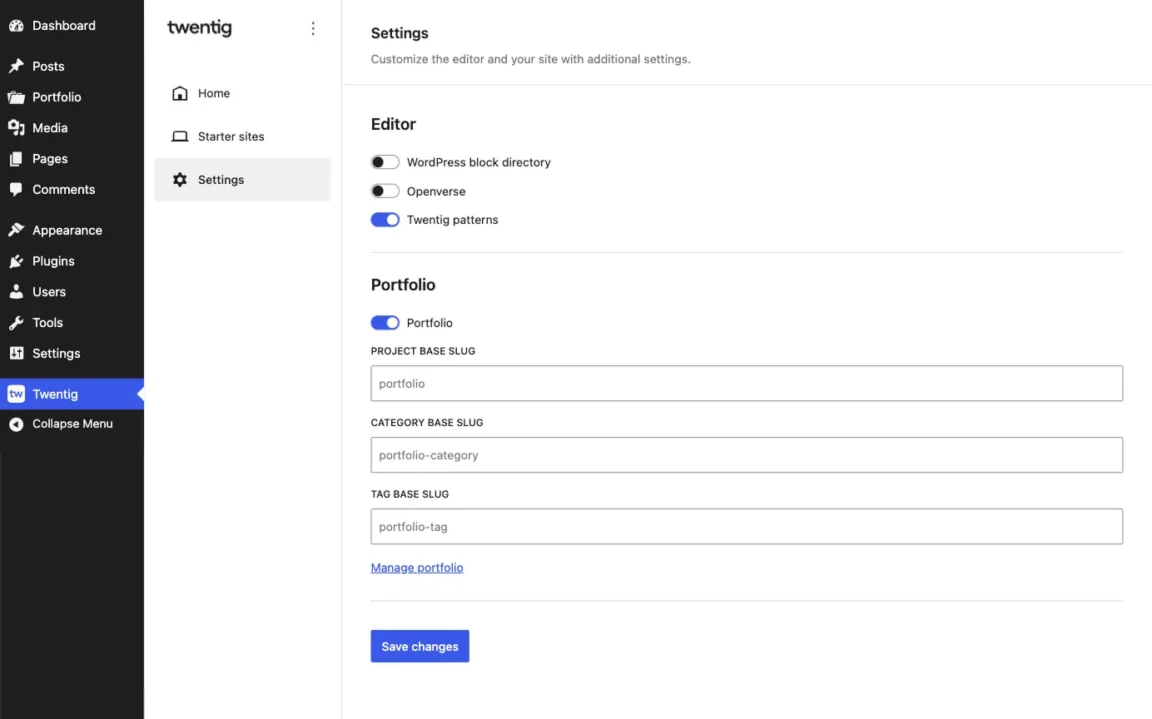 Twentig Settings screen with the Portfolio toggle enabled to activate portfolio features.
