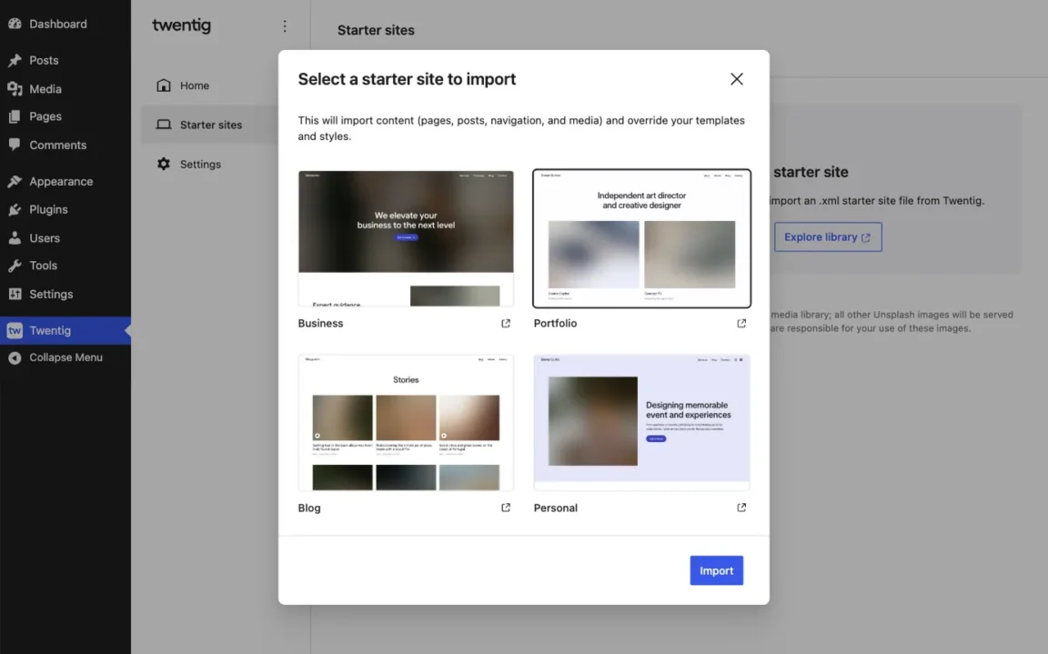Twentig starter sites modal showing the Portfolio selected for import.