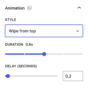 Animation panel showing style, duration, and delay options.