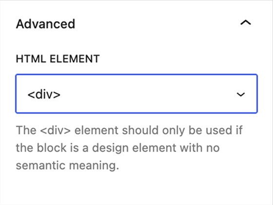 HTML Element option in the Advanced panel of the WordPress Separator block settings, showing div selected.