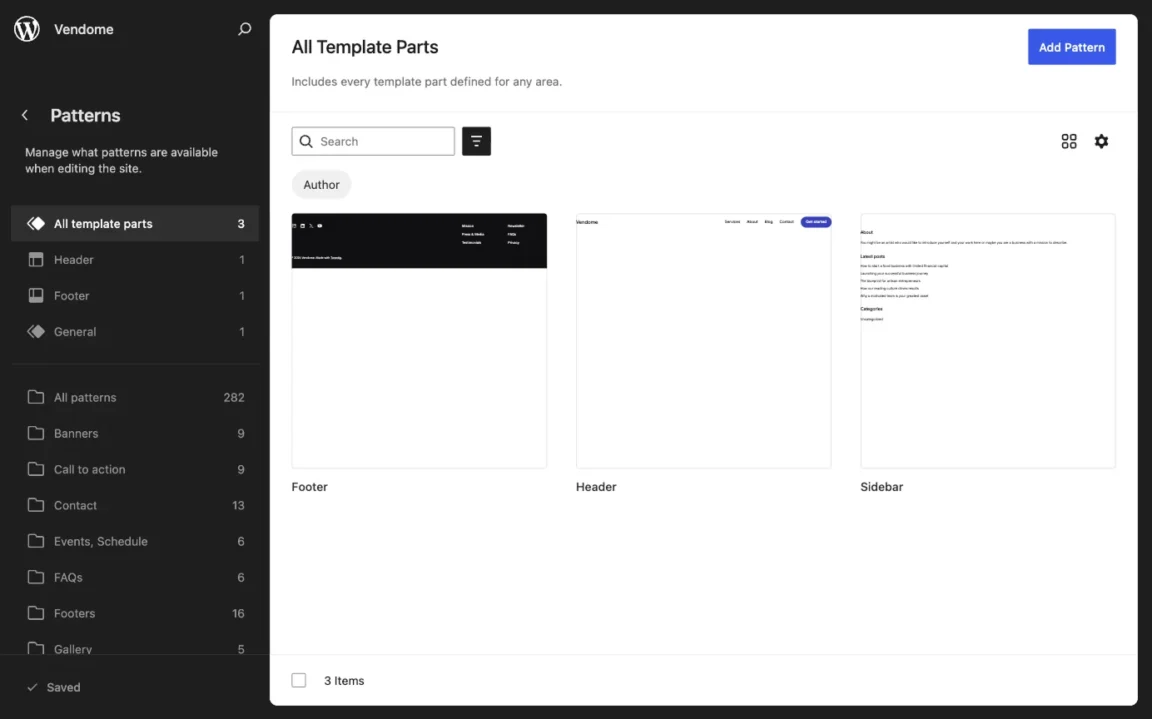 WordPress site editor displaying the Header, Footer, and Sidebar template parts supplied by Twentig One.