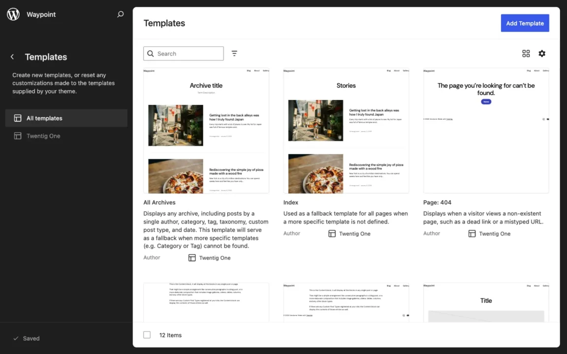 WordPress site editor displaying templates supplied by Twentig One including All Archives, Index, and Page 404.