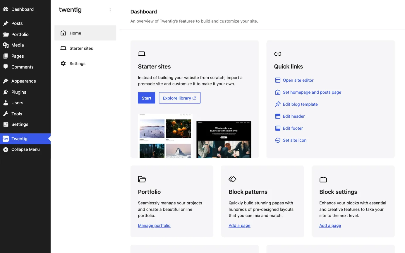 Twentig WordPress dashboard with quick links to get started.