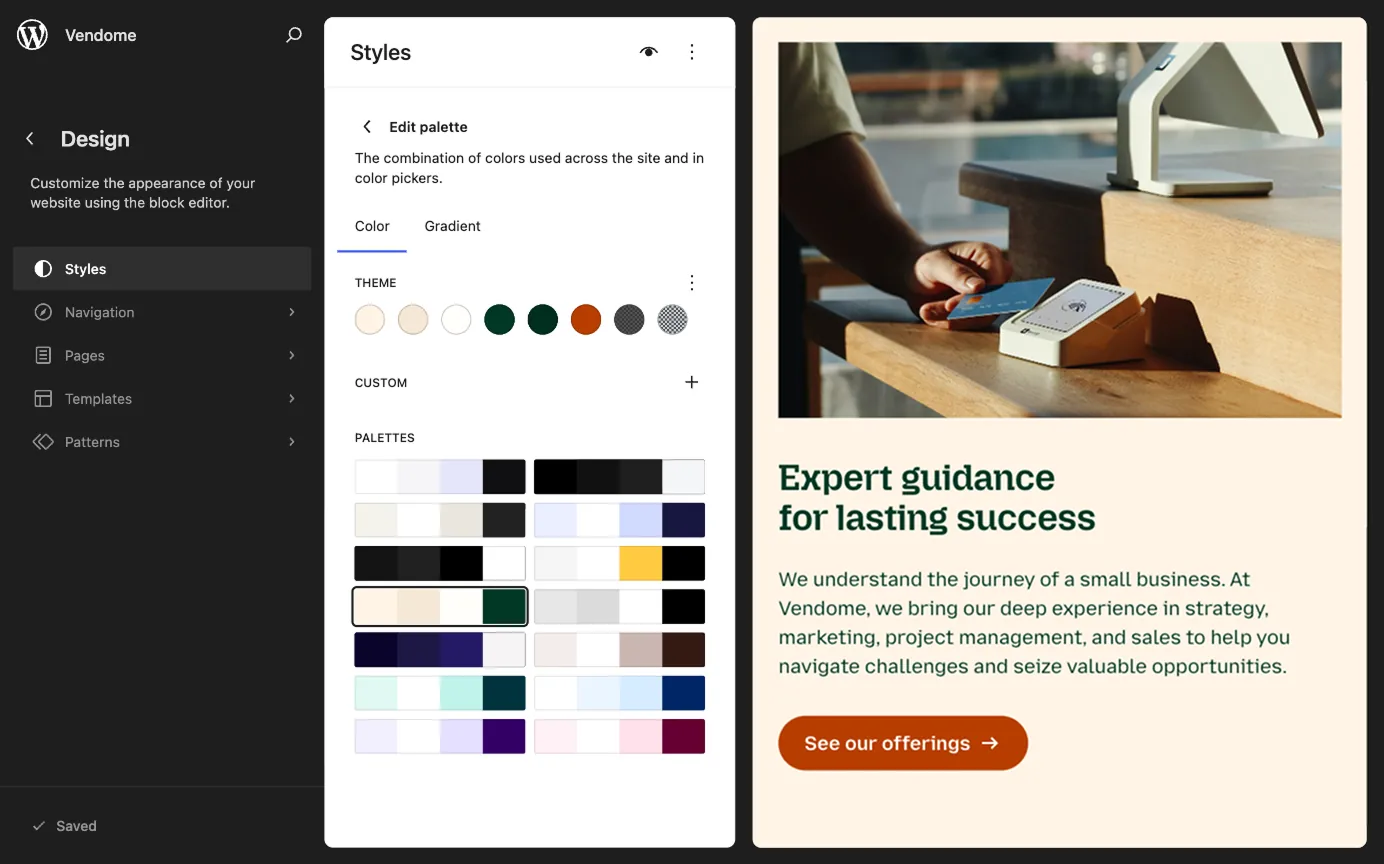 WordPress Styles panel showing Twentig One color palette with 14 presets available.