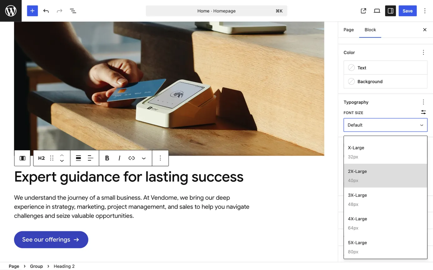WordPress block editor showing Twentig One font size presets dropdown when editing a Heading block.