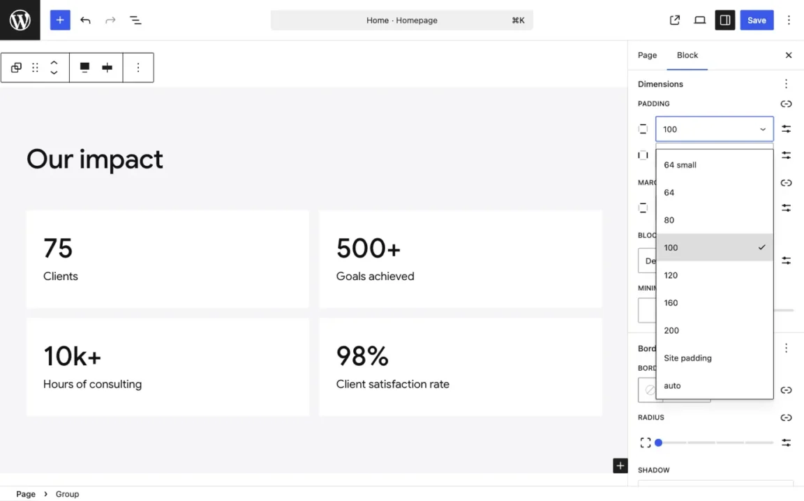 WordPress block editor showing Twentig One spacing presets in the padding dropdown for a Group block.