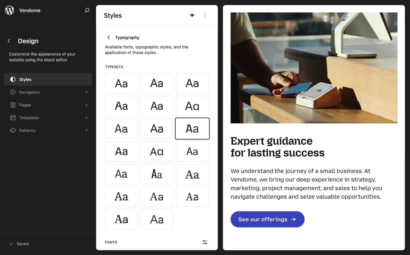 WordPress Styles panel showing 18 typography typesets available in Twentig One.