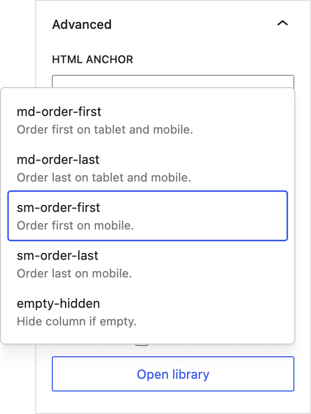 Twentig class library in the WordPress block editor showing responsive column order classes.
