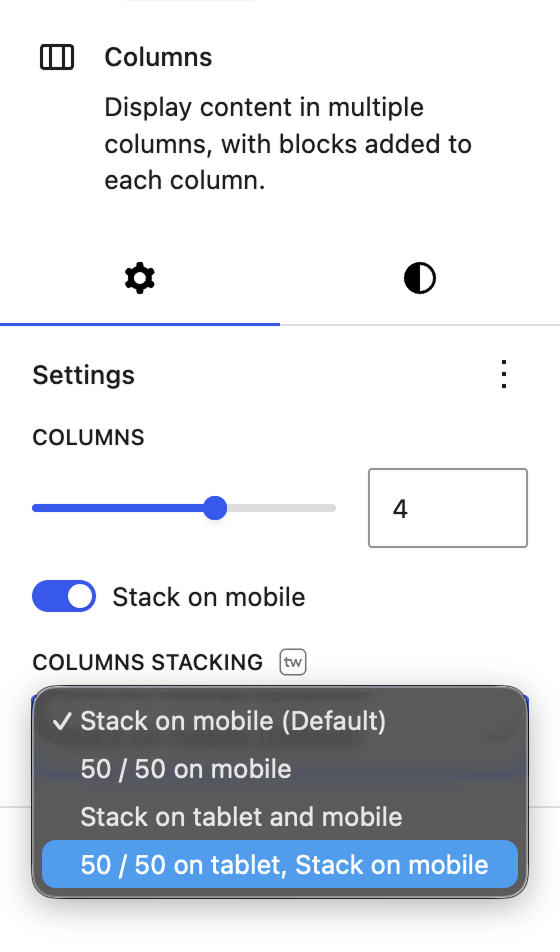 Twentig Columns Stacking setting in the WordPress block editor showing four responsive options.