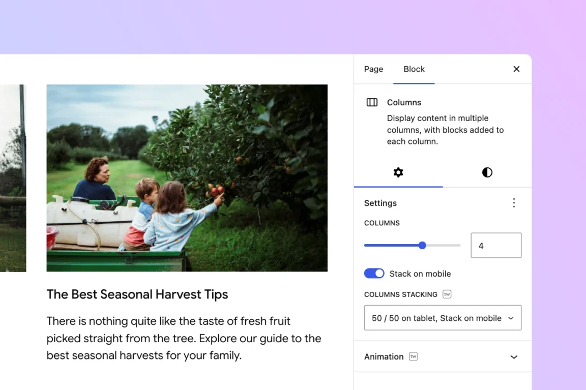 WordPress responsive columns stacking setting added by Twentig in the block editor.