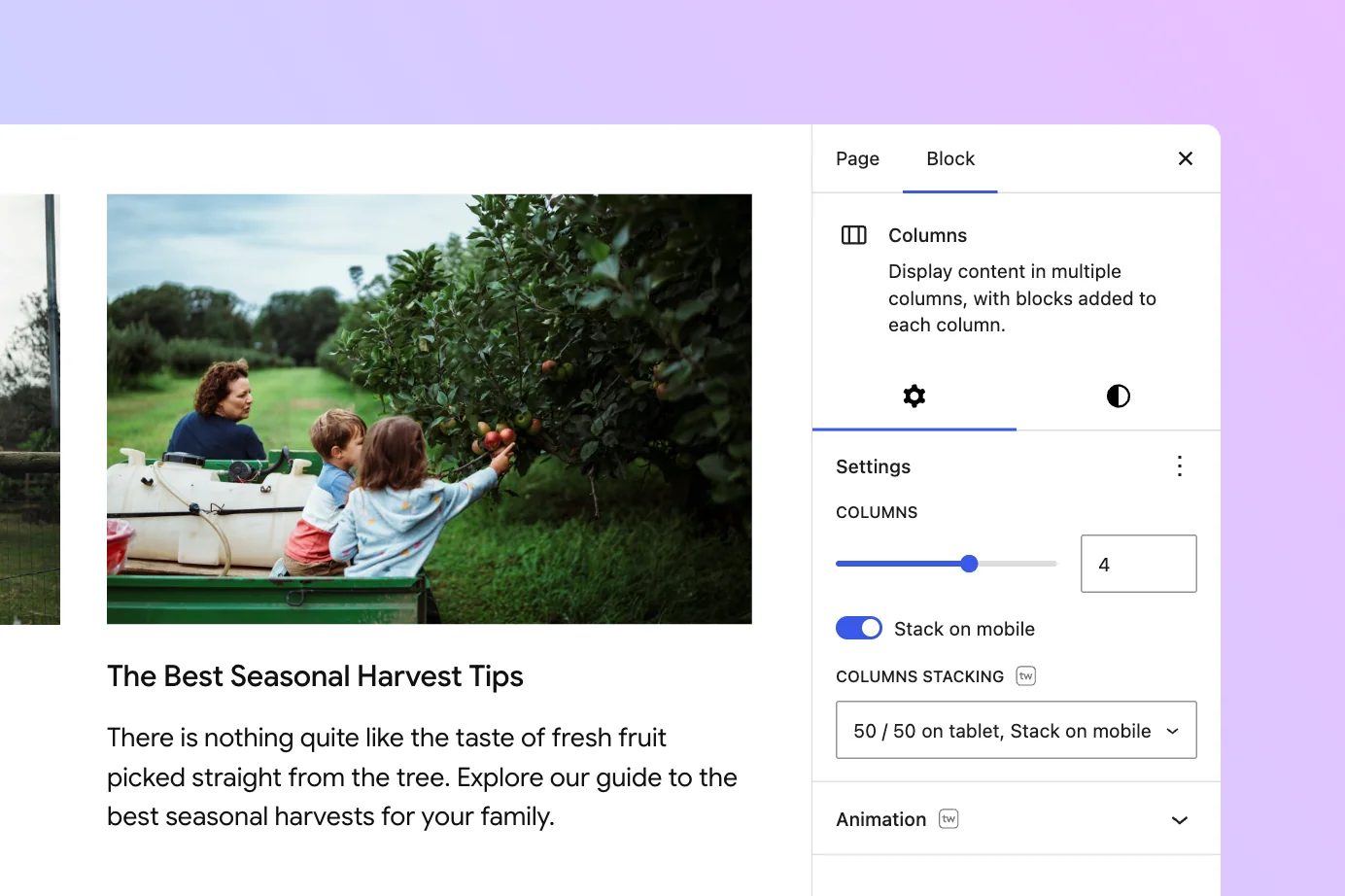 WordPress responsive columns stacking setting added by Twentig in the block editor.