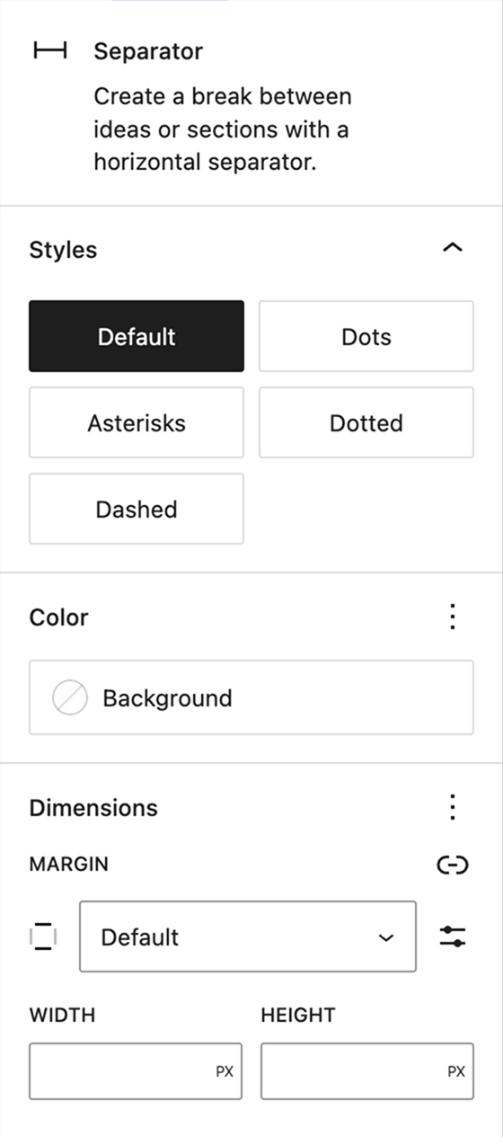 WordPress Separator block settings sidebar showing styles, color, and dimension options including width and height.