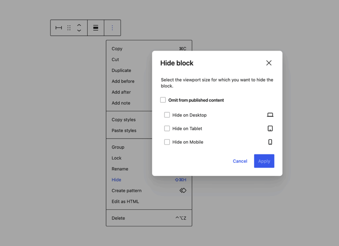"Hide block" modal in the WordPress block editor showing Hide on Desktop, Hide on Tablet, and Hide on Mobile options.