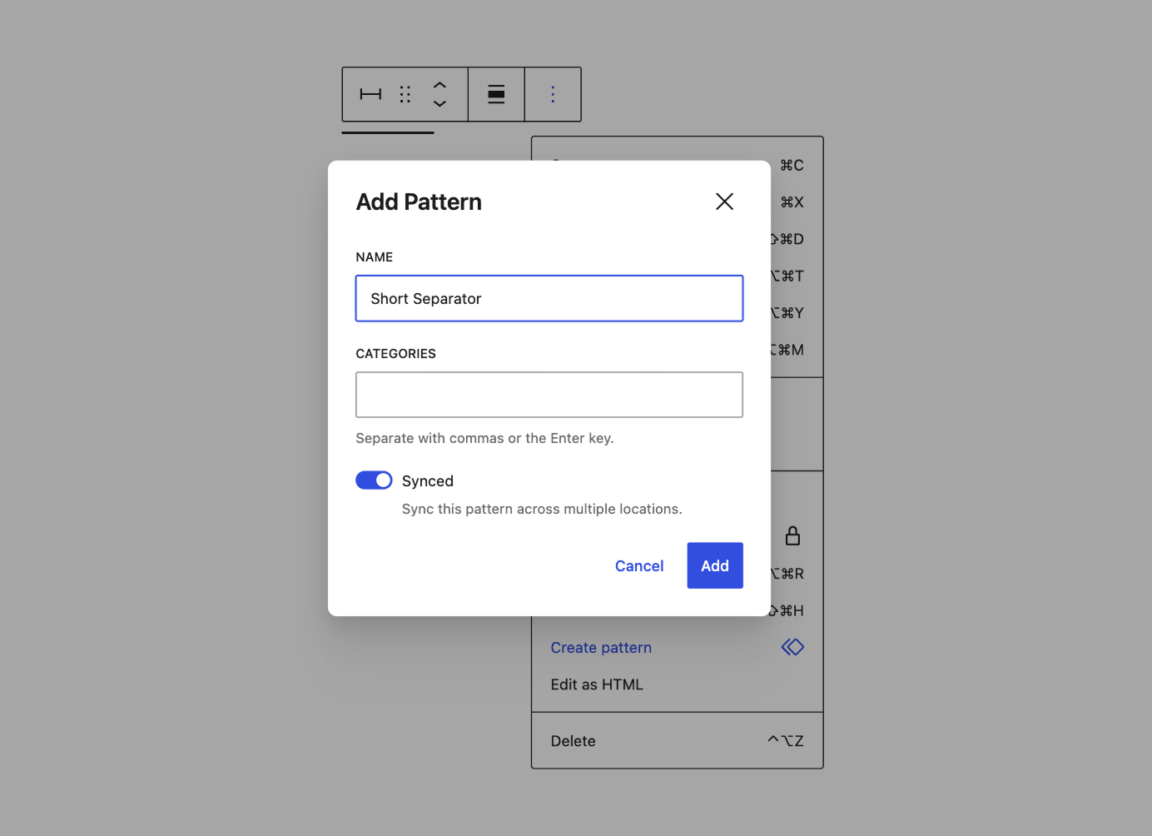 "Add Pattern" modal in the block editor showing name, categories, and Synced toggle options.