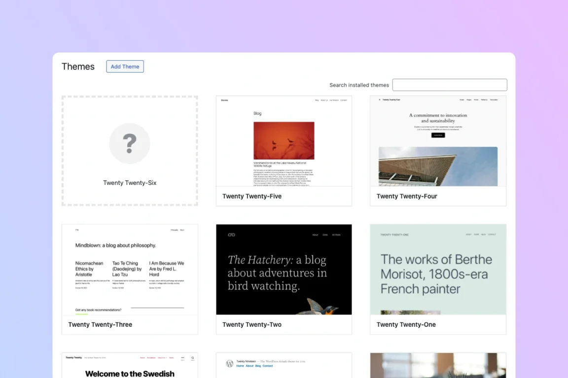 WordPress themes screen with missing Twenty Twenty-Six theme placeholder