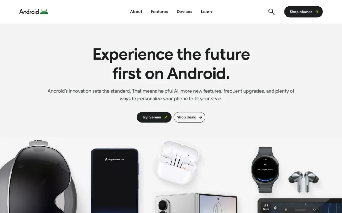 Android.com hero section with two CTA buttons: “Try Gemini” with an outward arrow icon and “Shop deals” with a right arrow.