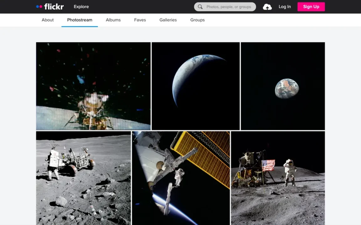 NASA photostream on Flickr with portrait and landscape photos in rows of equal height.