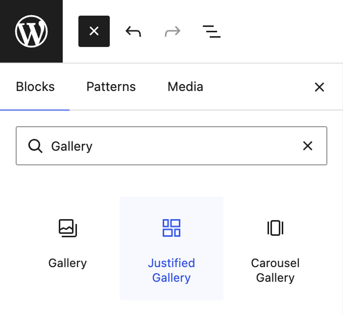 WordPress block inserter showing the Justified Gallery variation alongside the standard Gallery and Carousel Gallery blocks.