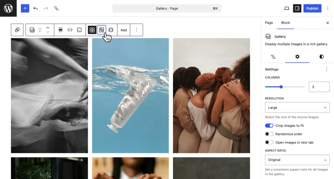 Layout switcher in the Gallery block toolbar with the cursor hovering over the justified gallery icon.