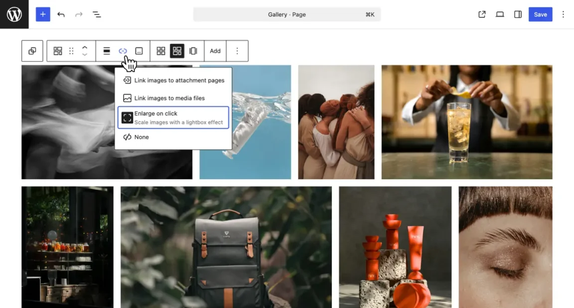 Link dropdown open in the Gallery block toolbar with Enlarge on click highlighted.