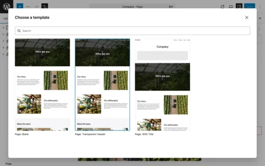 WordPress template selection screen showing Transparent Header page template selected.