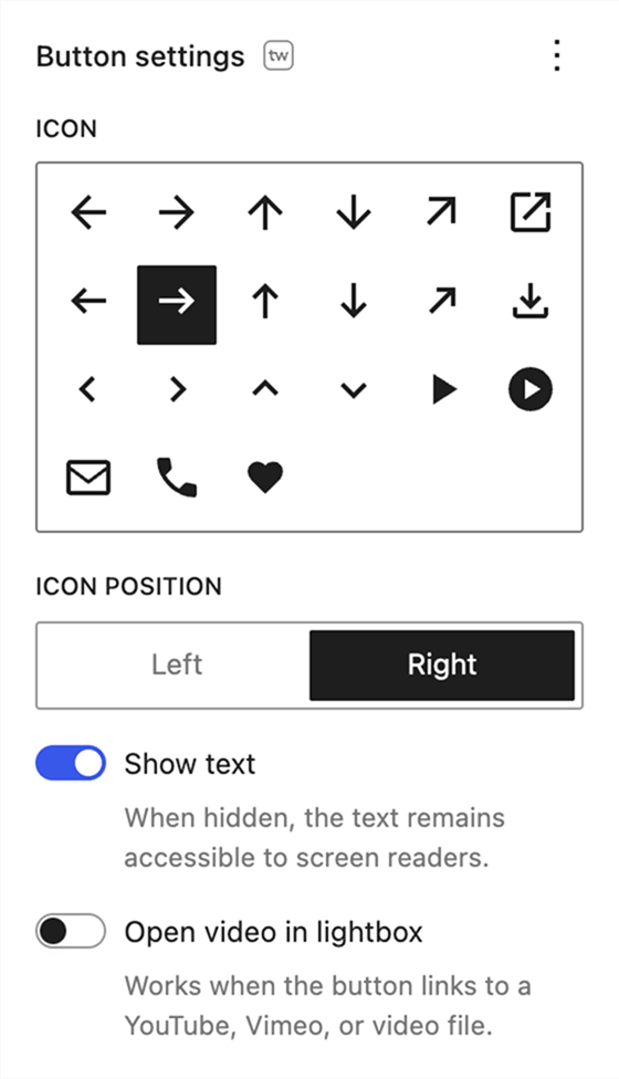 Twentig settings panel to add an icon to the WordPress button block, with icon selection and display options.