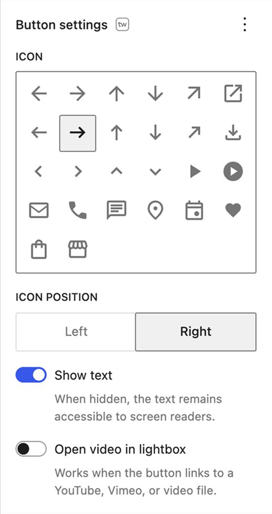Twentig settings panel to add an icon to the WordPress button block, with icon selection and display options.