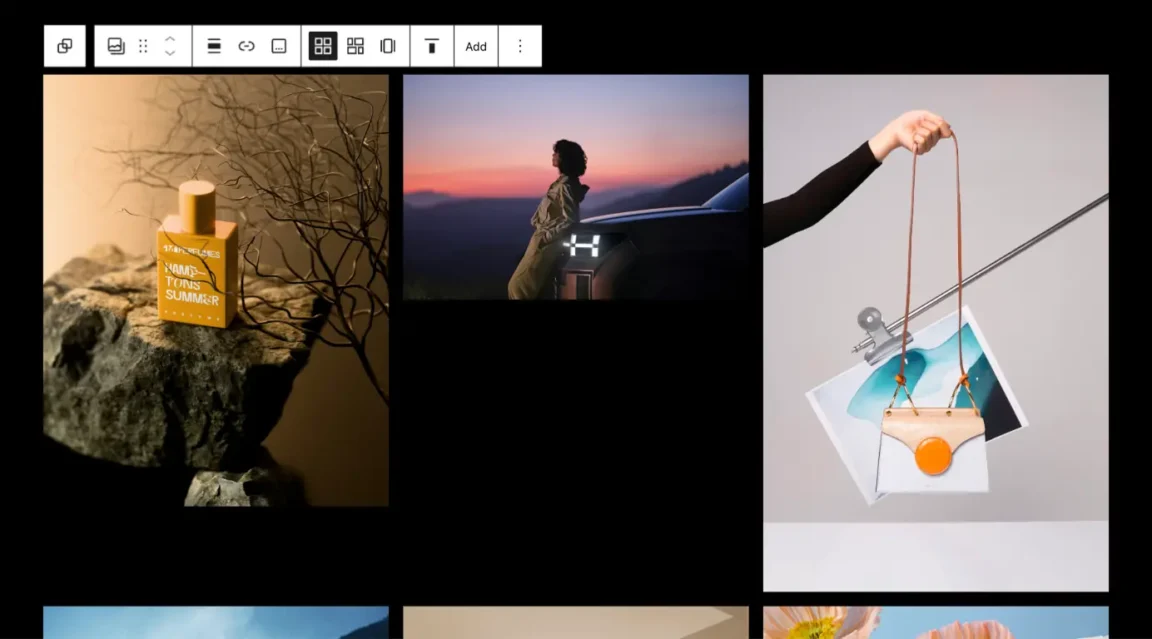 Default WordPress Gallery block with photos in a grid, showing uneven row heights and empty gaps between images.
