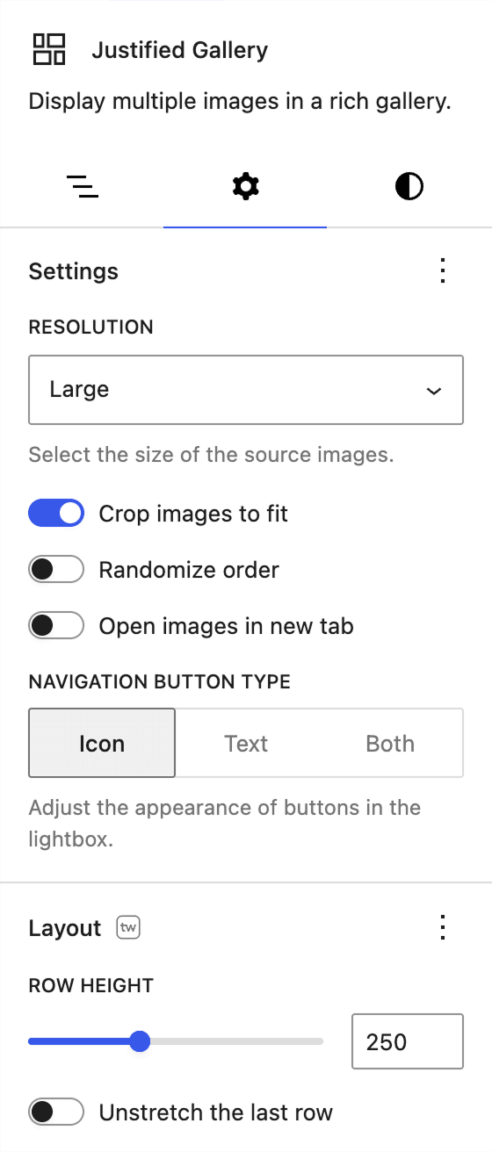 Justified Gallery sidebar in the WordPress block editor showing the Row height and Unstretch the last row settings.