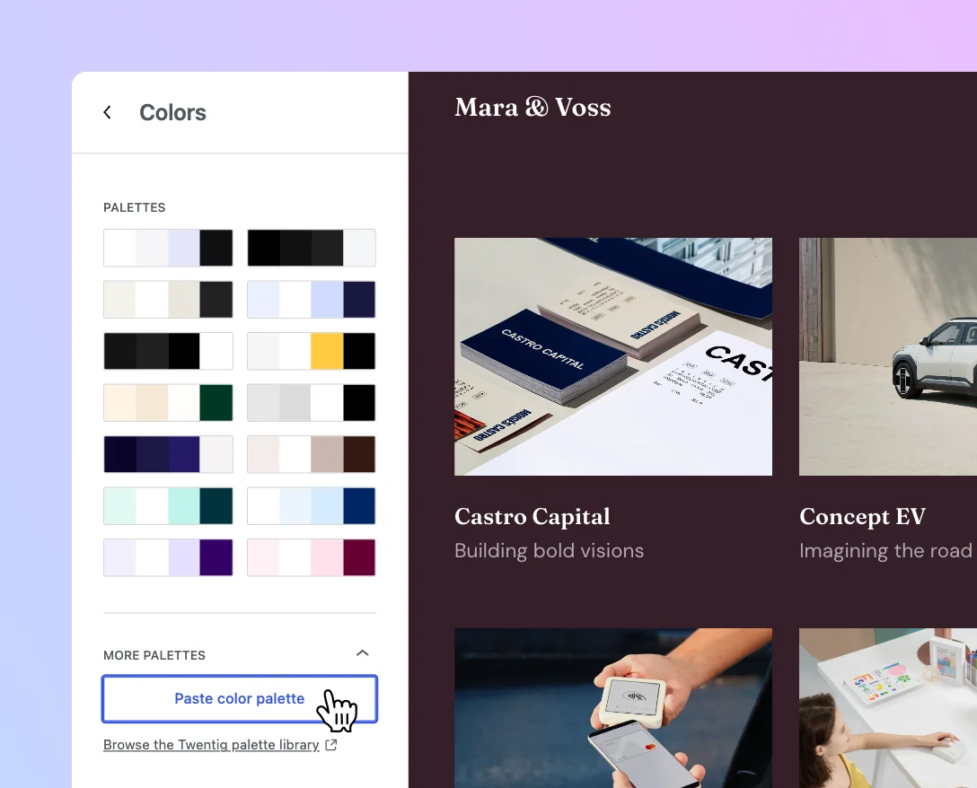 Pasting a WordPress color palette in the Twentig Onboarding Customizer Colors panel.