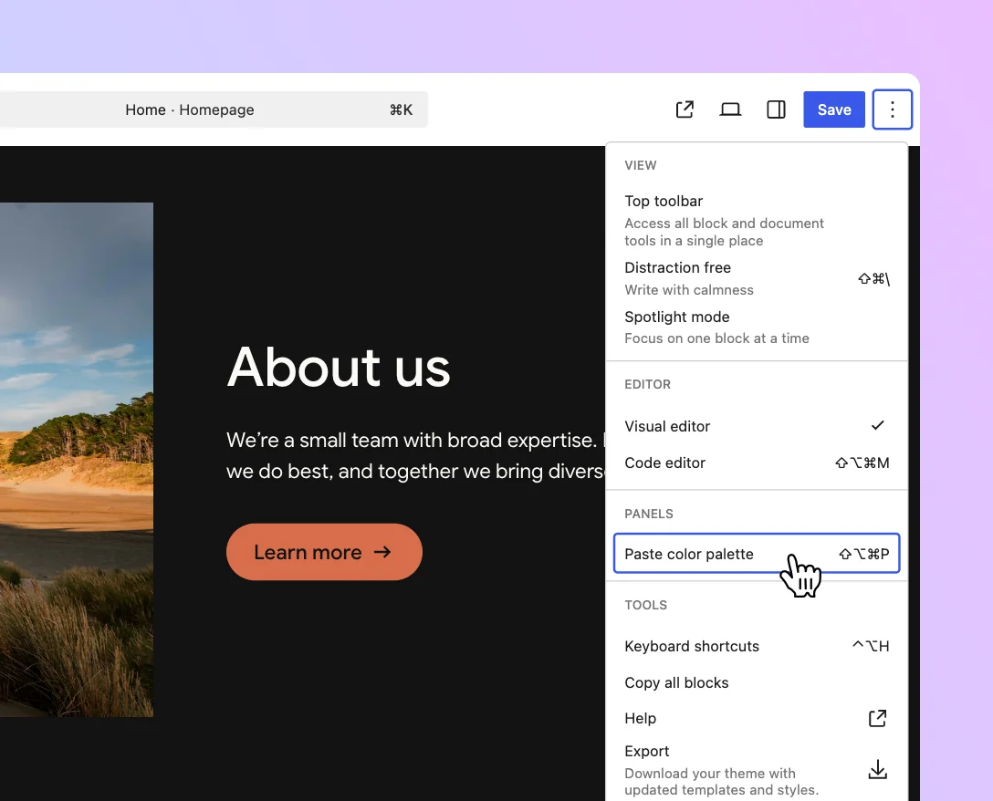 Pasting a WordPress color palette in the Site Editor via the Options menu.