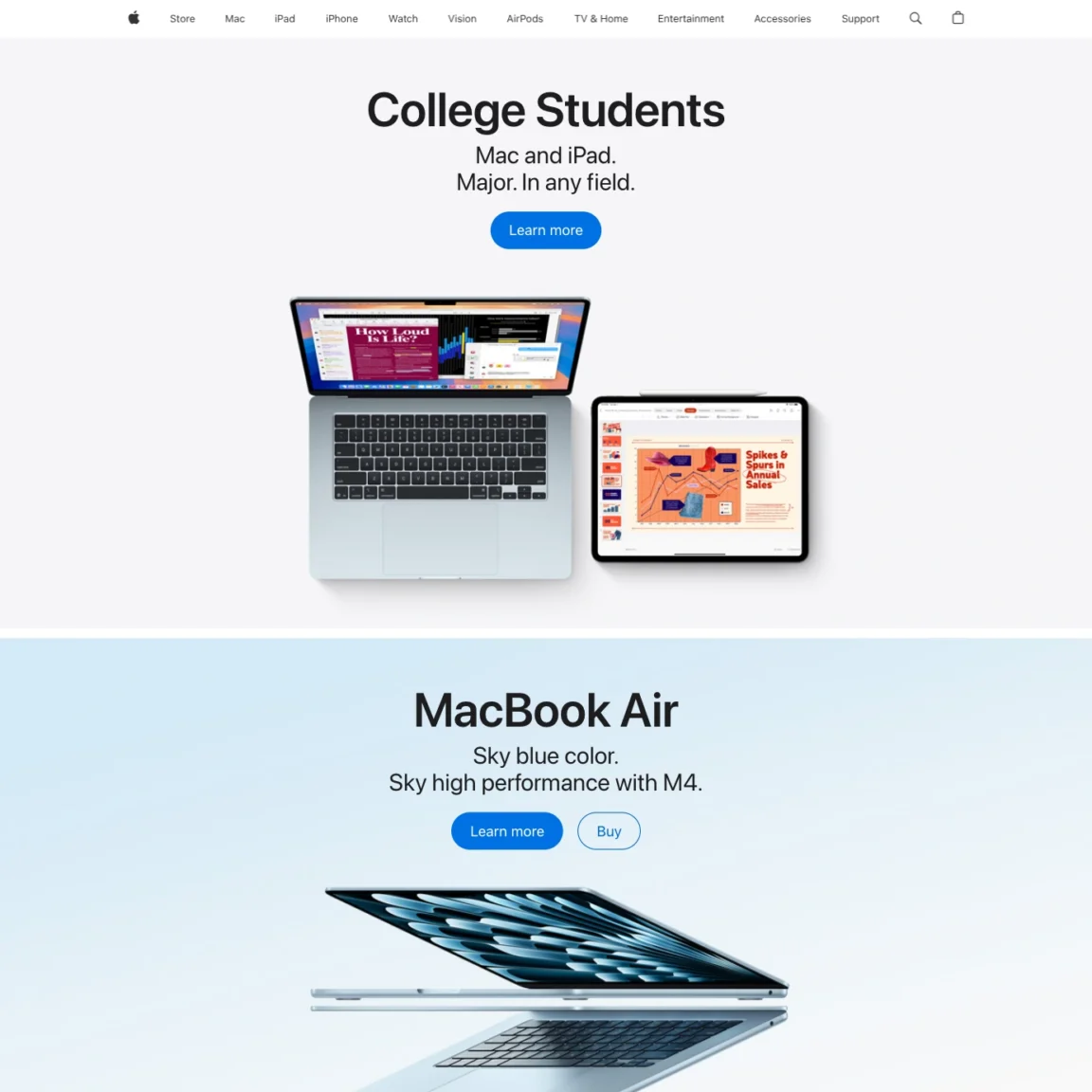 Full-width clickable sections on the Apple homepage, demonstrating a design pattern for linked group blocks in WordPress.