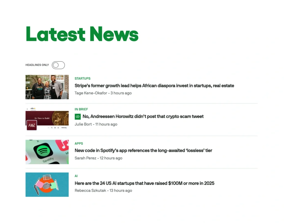 Clickable post cards on the TechCrunch blog, an example of how to add a link to a WordPress group inside a Query Loop.